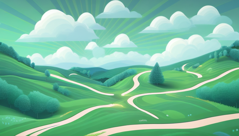 A winding path through a landscape of rolling hills